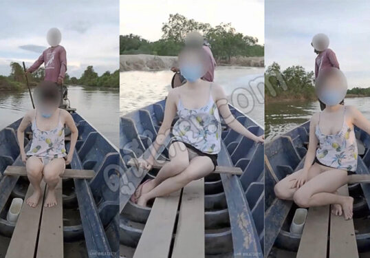 สาวไทยโชว์เสียว นั้งเรื่องหางยาวไม่ใส่เสื้อใน ค่อยๆเปิดนมให้คนขับเรือดู เสียวแทนลุง